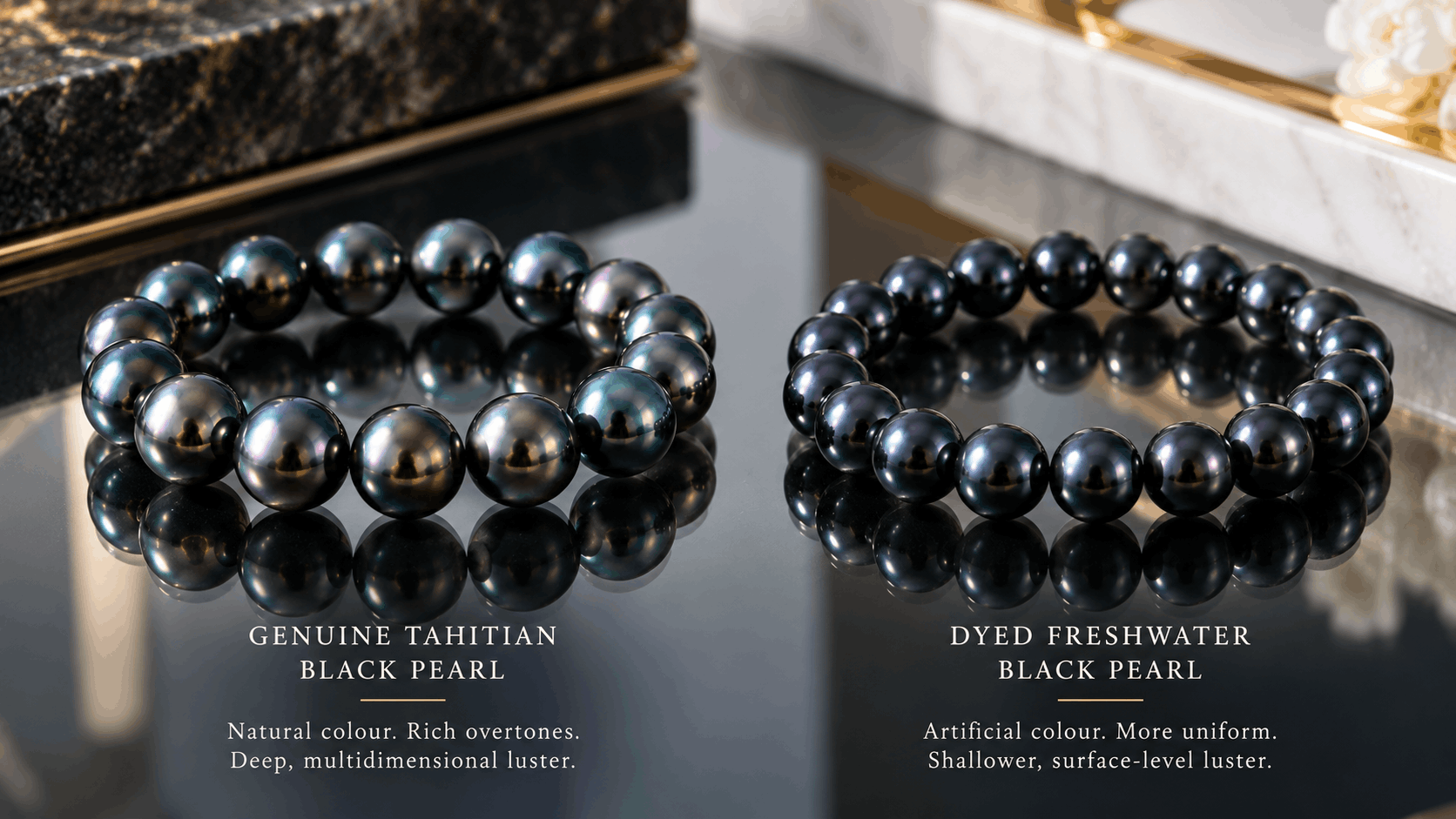 04. Pulseras de perlas negras naturales frente a teñidas