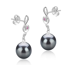 Par de pendientes de perlas Perla Tahití de calidad AAA de 9 a 10mm en color Negro