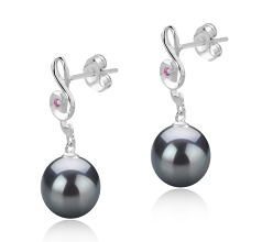 Par de pendientes de perlas Perla Tahití de calidad AAA de 9 a 10mm en color Negro